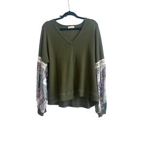 HummingBird Olive Green Waffle Knit Slouchy Top with Mix Boho Print Sleeves